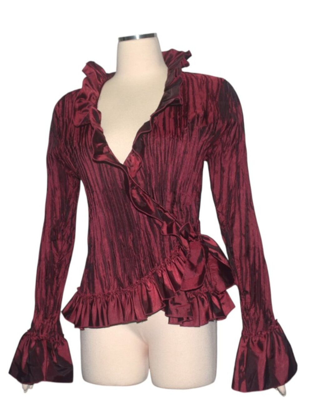 Allison Taylor Crimson Burgundy Crinkle Wrap Top Ruffles Whimsygoth Goth 14